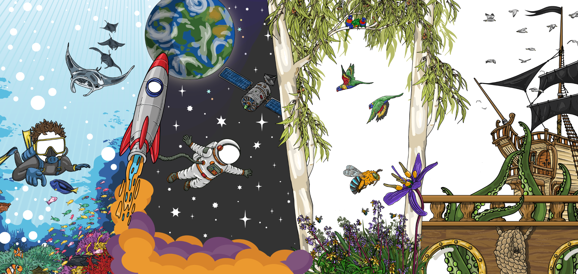 The Connect Artwork Panel Collection brings together illustrated Coast, Reef, Rainforest, Bush, Flora, Urban, Outback, Pirate and Space themes.