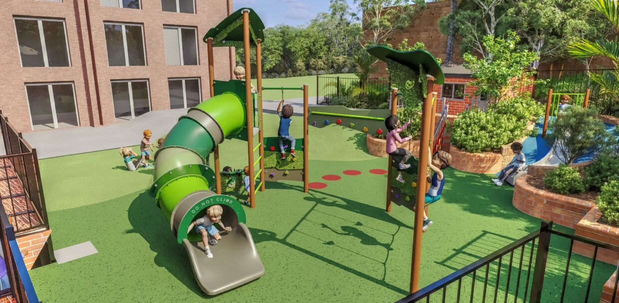Compact school playground concept with climbing, sliding and imaginative play elements