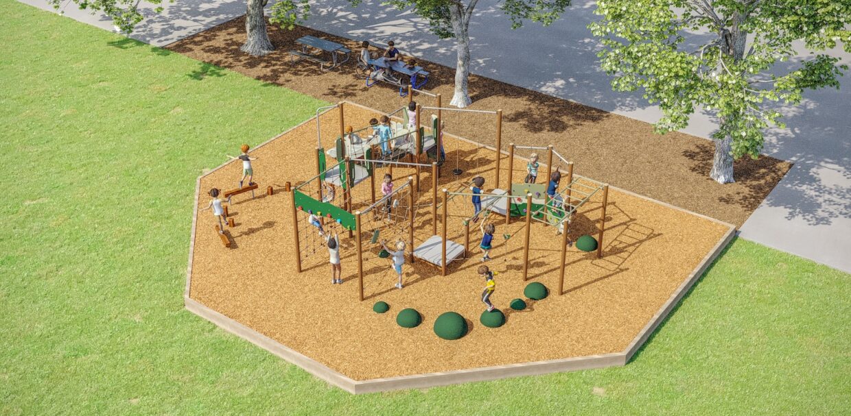 Mid-sized school playground concept using recycled panels and loose-fill playground surfacing
