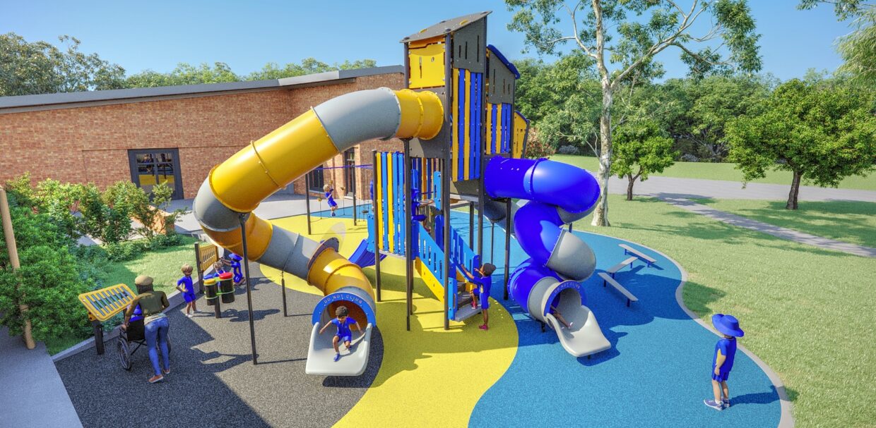 Major school playground concept with large structures, multiple play routes and playground surfacing