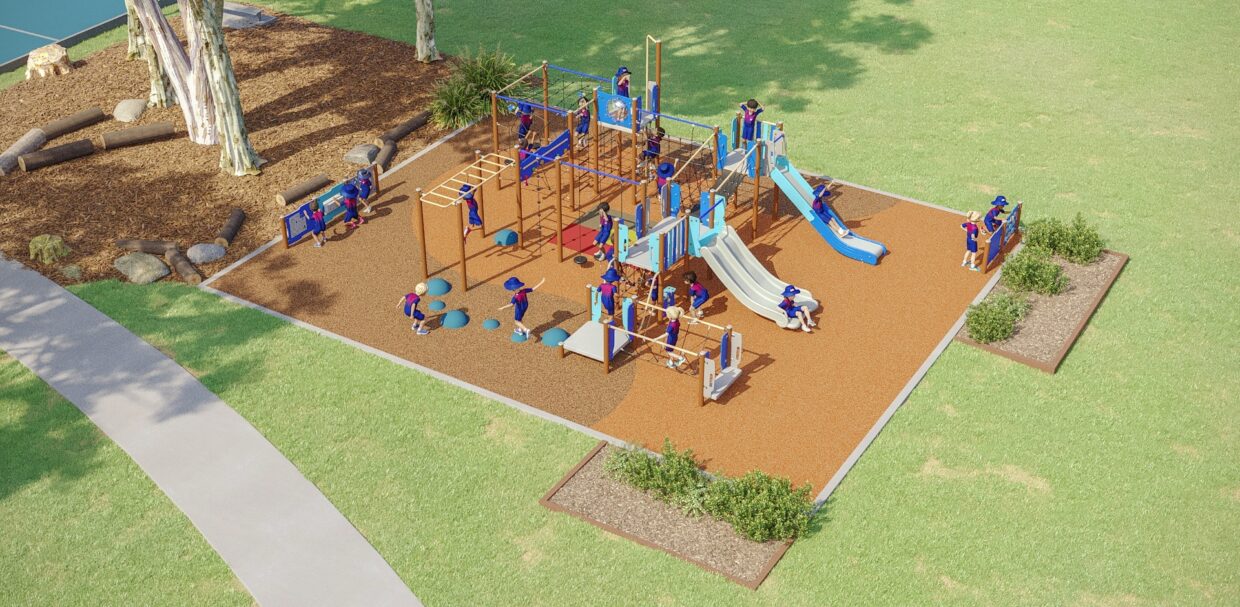 Large school playground concept with outdoor learning, balance play and extensive playground surfacing