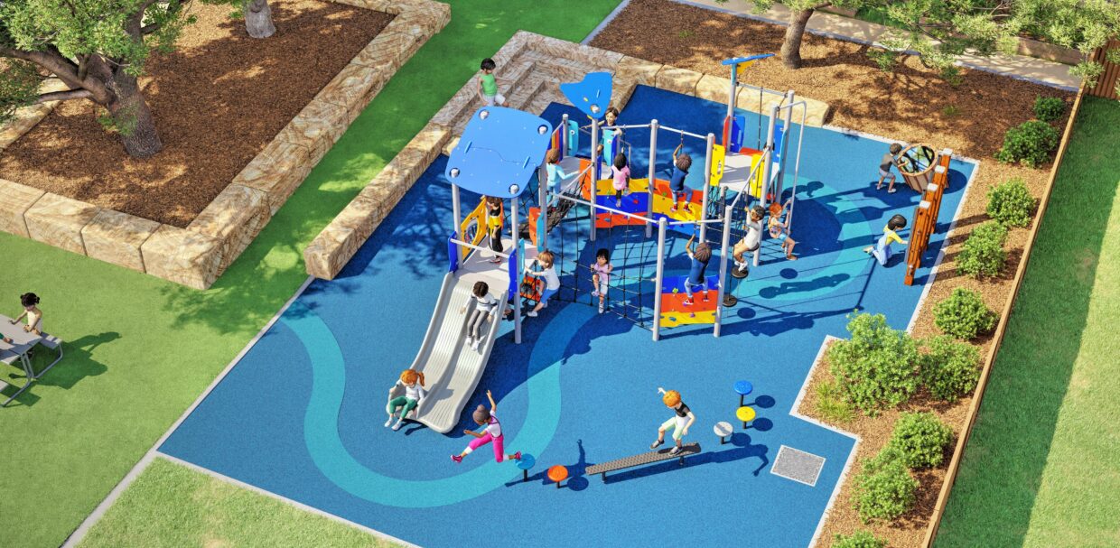 School playground concept with themed colours, climbing play and mixed playground surfacing